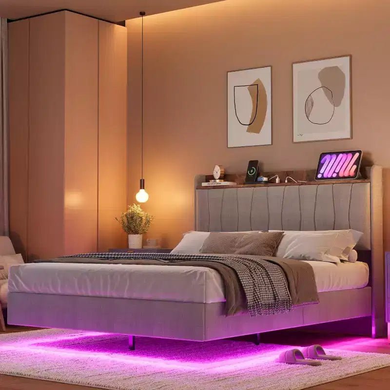 Cadre de lit, lit plateforme flottant avec tête de lit, ports de charge, cadre de lit rembourré moderne avec lattes en bois robustes, pas besoin de sommier tapissier