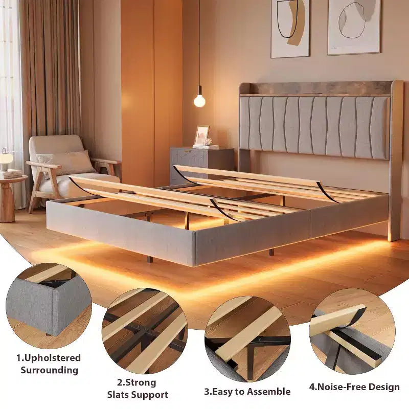 Cadre de lit, lit plateforme flottant avec tête de lit, ports de charge, cadre de lit rembourré moderne avec lattes en bois robustes, pas besoin de sommier tapissier