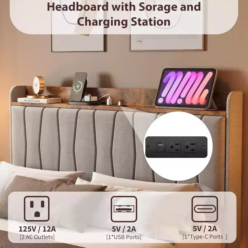 Cadre de lit, lit plateforme flottant avec tête de lit, ports de charge, cadre de lit rembourré moderne avec lattes en bois robustes, pas besoin de sommier tapissier