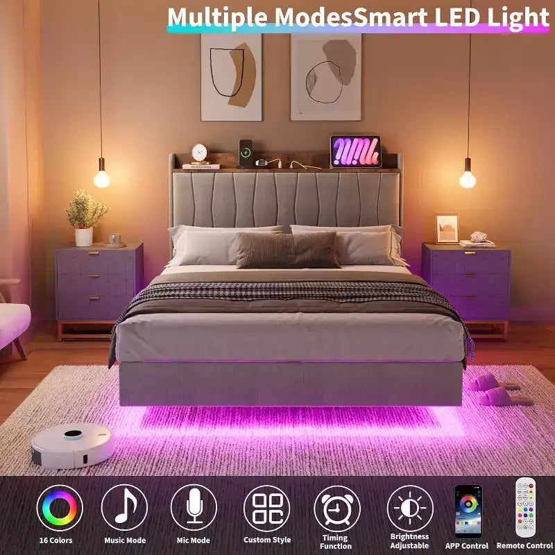 Cadre de lit, lit plateforme flottant avec tête de lit, ports de charge, cadre de lit rembourré moderne avec lattes en bois robustes, pas besoin de sommier tapissier