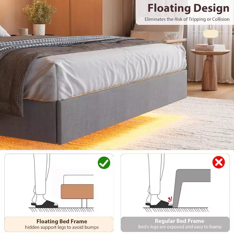 Cadre de lit, lit plateforme flottant avec tête de lit, ports de charge, cadre de lit rembourré moderne avec lattes en bois robustes, pas besoin de sommier tapissier