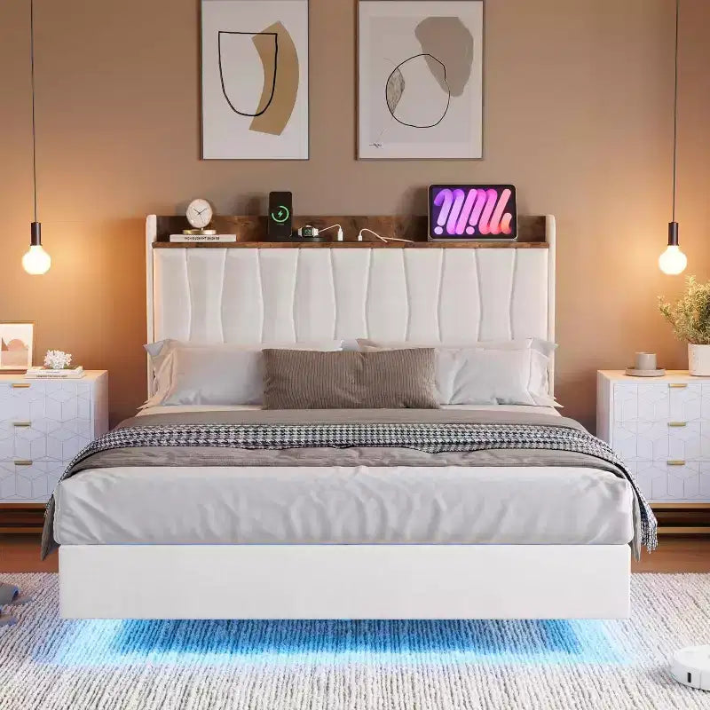 Cadre de lit, lit plateforme flottant avec tête de lit, ports de charge, cadre de lit rembourré moderne avec lattes en bois robustes, pas besoin de sommier tapissier
