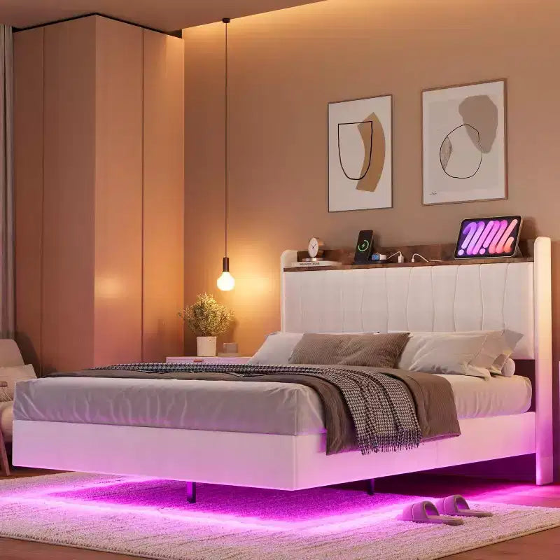 Cadre de lit, lit plateforme flottant avec tête de lit, ports de charge, cadre de lit rembourré moderne avec lattes en bois robustes, pas besoin de sommier tapissier