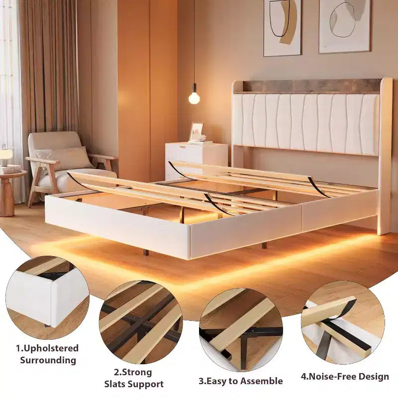 Cadre de lit, lit plateforme flottant avec tête de lit, ports de charge, cadre de lit rembourré moderne avec lattes en bois robustes, pas besoin de sommier tapissier
