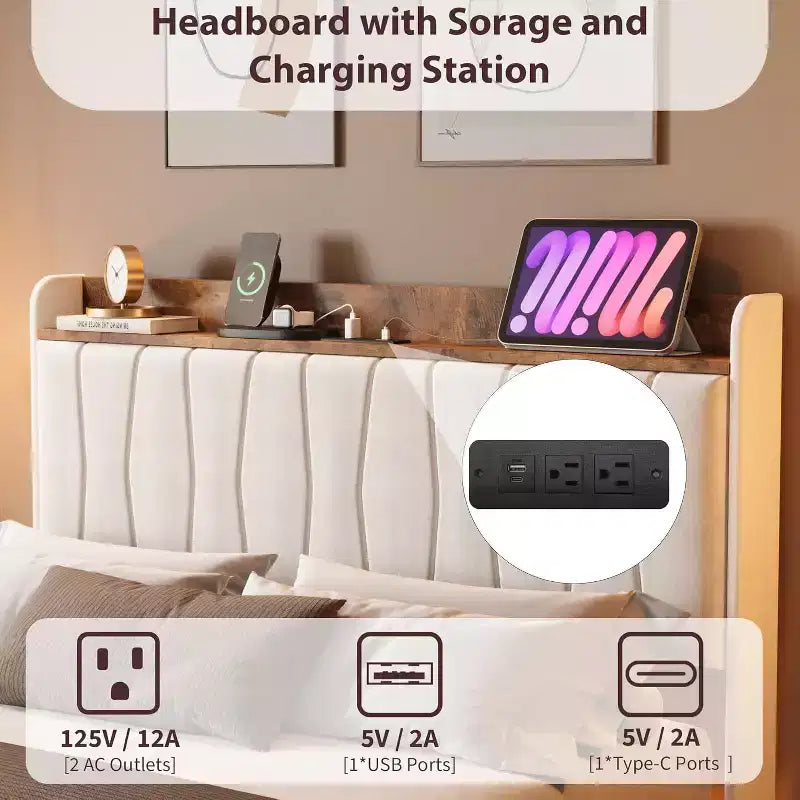 Cadre de lit, lit plateforme flottant avec tête de lit, ports de charge, cadre de lit rembourré moderne avec lattes en bois robustes, pas besoin de sommier tapissier
