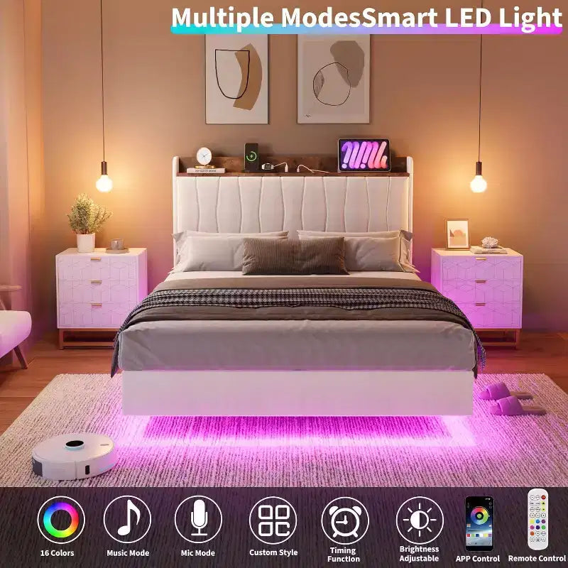 Cadre de lit, lit plateforme flottant avec tête de lit, ports de charge, cadre de lit rembourré moderne avec lattes en bois robustes, pas besoin de sommier tapissier