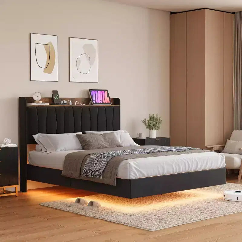 Cadre de lit, lit plateforme flottant avec tête de lit, ports de charge, cadre de lit rembourré moderne avec lattes en bois robustes, pas besoin de sommier tapissier