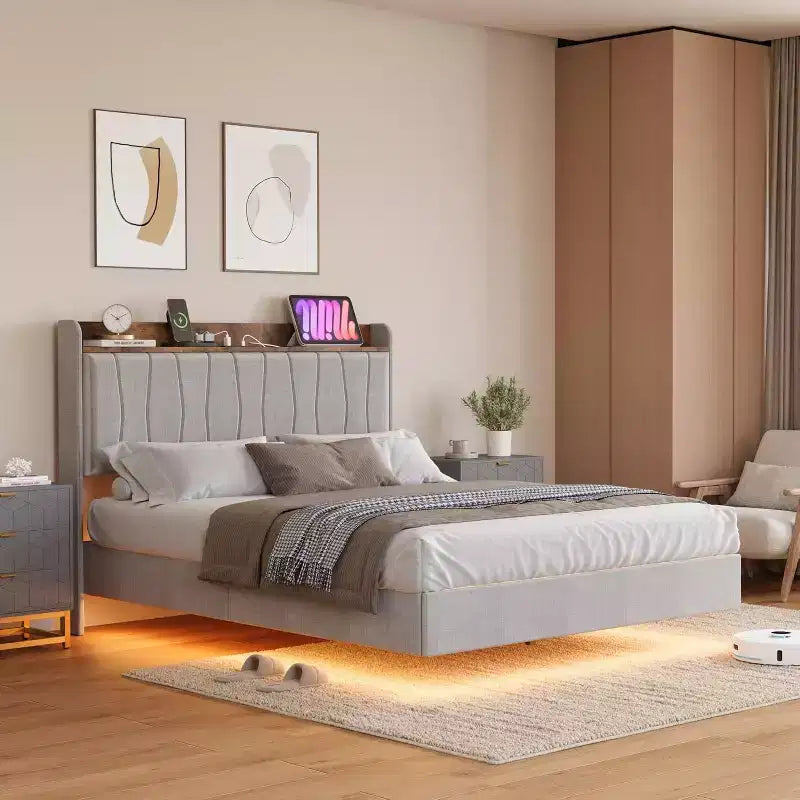 Cadre de lit, lit plateforme flottant avec tête de lit, ports de charge, cadre de lit rembourré moderne avec lattes en bois robustes, pas besoin de sommier tapissier
