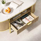 Table basse cannelée moderne, table basse ovale de 122 cm avec tiroir, plateau en faux marbre, table basse en bois avec décor en métal doré pour salon