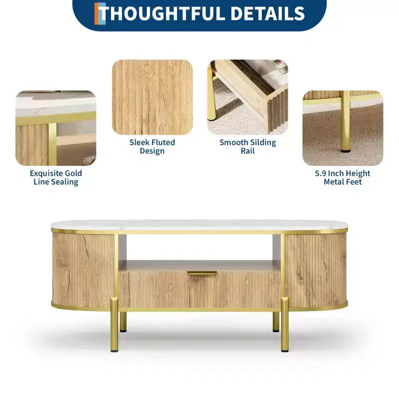 Table basse cannelée moderne, table basse ovale de 122 cm avec tiroir, plateau en faux marbre, table basse en bois avec décor en métal doré pour salon