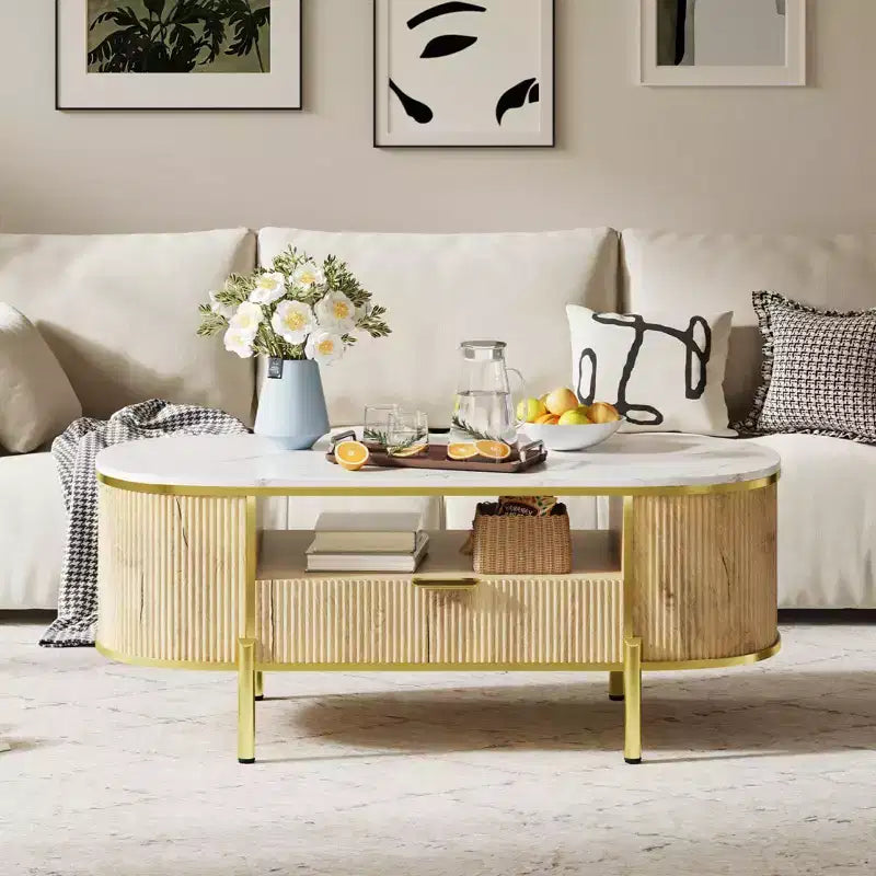 Table basse cannelée moderne, table basse ovale de 122 cm avec tiroir, plateau en faux marbre, table basse en bois avec décor en métal doré pour salon