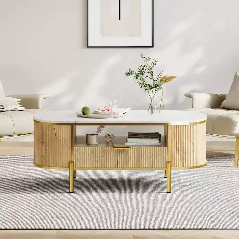 Table basse cannelée moderne, table basse ovale de 122 cm avec tiroir, plateau en faux marbre, table basse en bois avec décor en métal doré pour salon