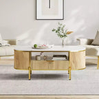 Table basse cannelée moderne, table basse ovale de 122 cm avec tiroir, plateau en faux marbre, table basse en bois avec décor en métal doré pour salon
