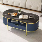 Table basse cannelée moderne, table basse ovale de 122 cm avec tiroir, plateau en faux marbre, table basse en bois avec décor en métal doré pour salon