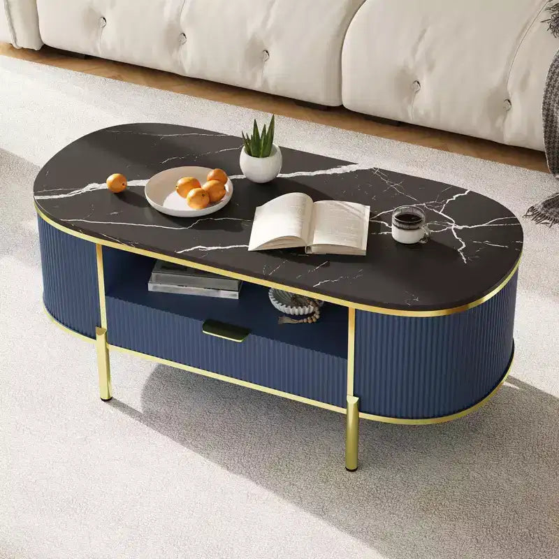 Table basse cannelée moderne, table basse ovale de 122 cm avec tiroir, plateau en faux marbre, table basse en bois avec décor en métal doré pour salon