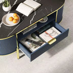 Table basse cannelée moderne, table basse ovale de 122 cm avec tiroir, plateau en faux marbre, table basse en bois avec décor en métal doré pour salon