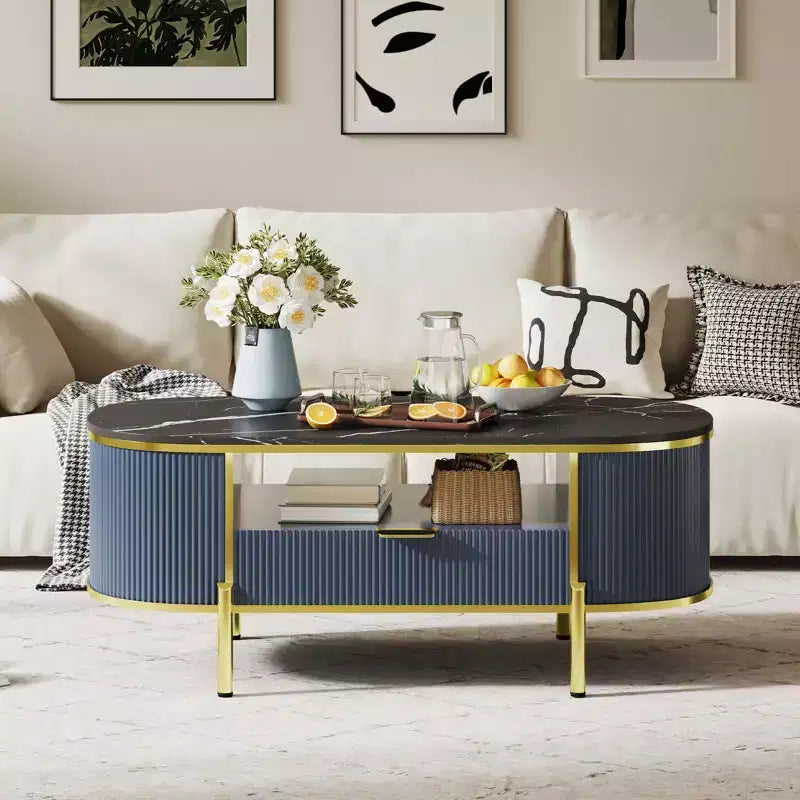 Table basse cannelée moderne, table basse ovale de 122 cm avec tiroir, plateau en faux marbre, table basse en bois avec décor en métal doré pour salon