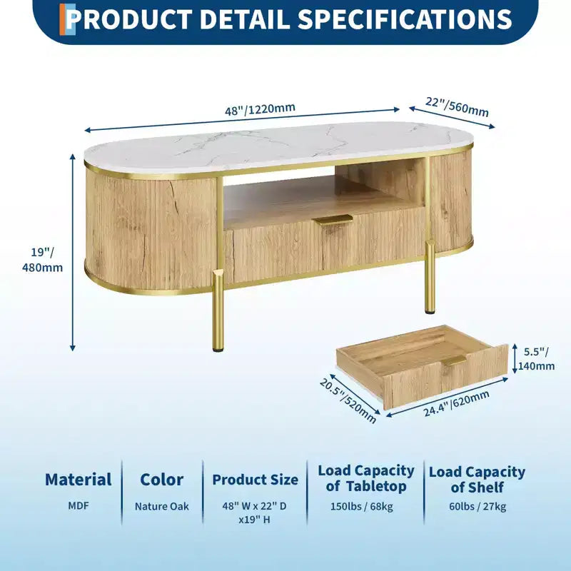 Table basse cannelée moderne, table basse ovale de 122 cm avec tiroir, plateau en faux marbre, table basse en bois avec décor en métal doré pour salon