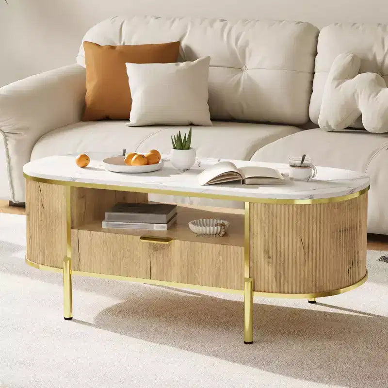 Table basse cannelée moderne, table basse ovale de 122 cm avec tiroir, plateau en faux marbre, table basse en bois avec décor en métal doré pour salon