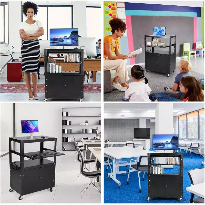 Chariot audiovisuel avec armoire verrouillable, réglable en hauteur (61-107 cm), tapis antidérapant, capacité de 45 kg