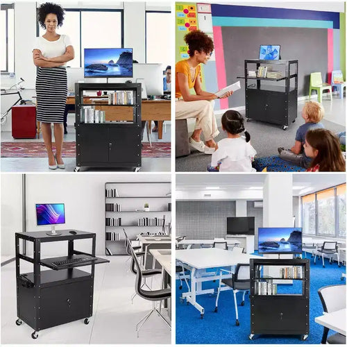 Chariot audiovisuel avec armoire verrouillable, réglable en hauteur (61-107 cm), tapis antidérapant, capacité de 45 kg