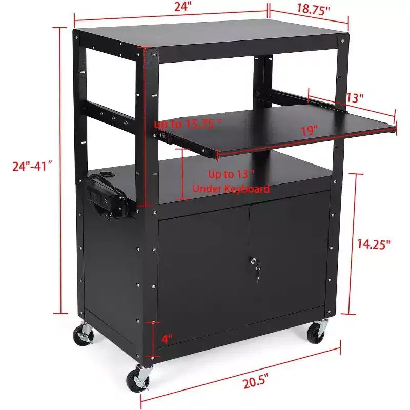 Chariot audiovisuel avec armoire verrouillable, réglable en hauteur (61-107 cm), tapis antidérapant, capacité de 45 kg