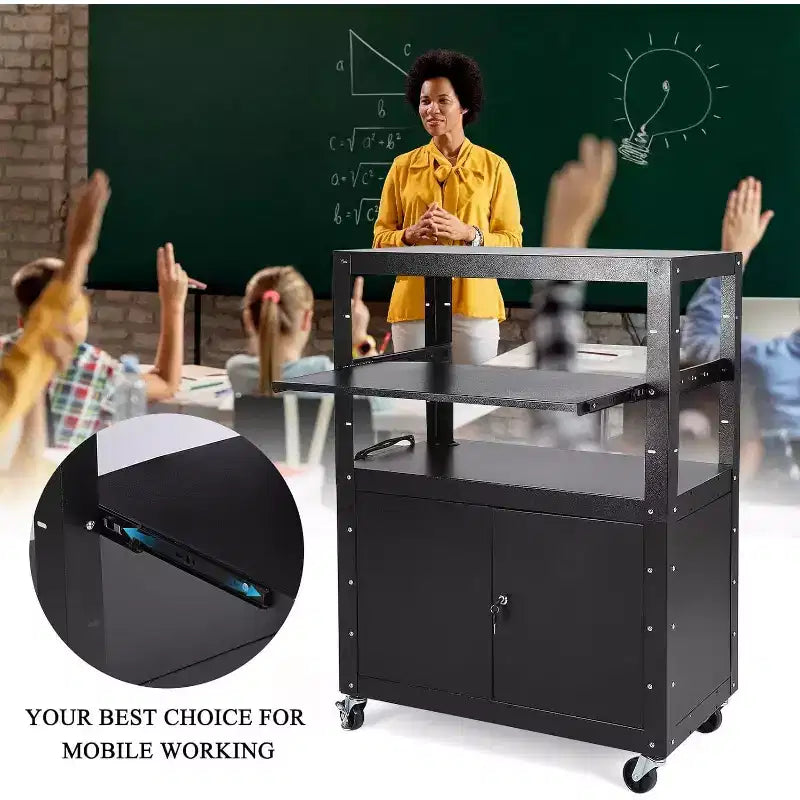 Chariot audiovisuel avec armoire verrouillable, réglable en hauteur (61-107 cm), tapis antidérapant, capacité de 45 kg