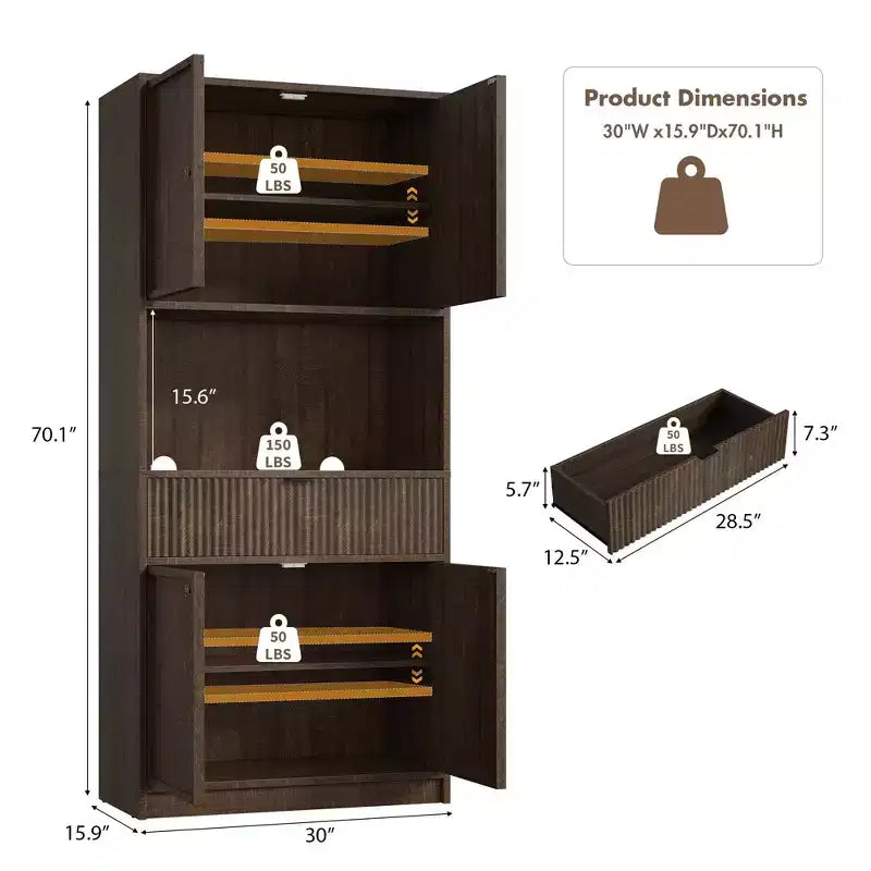 Grand meuble de cuisine, Armoire de rangement de 178 cm avec plan de travail, Buffets de cuisine cannelés avec portes et tiroir, Meuble de rangement autoportant