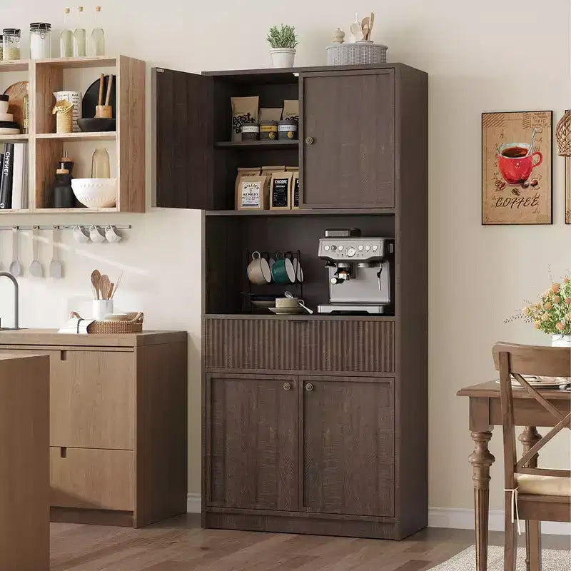 Grand meuble de cuisine, Armoire de rangement de 178 cm avec plan de travail, Buffets de cuisine cannelés avec portes et tiroir, Meuble de rangement autoportant