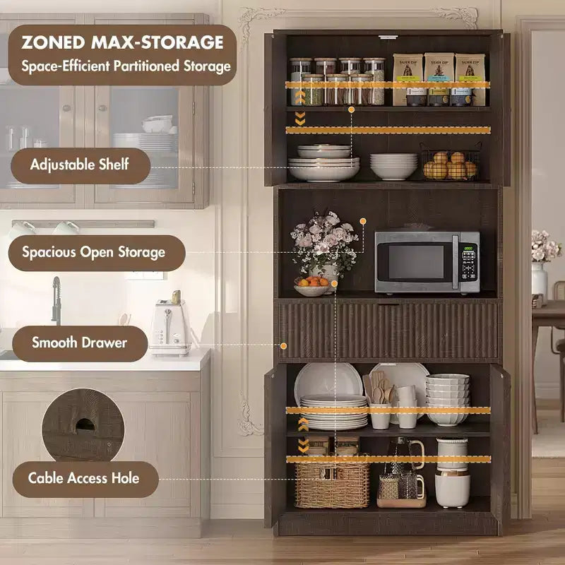 Grand meuble de cuisine, Armoire de rangement de 178 cm avec plan de travail, Buffets de cuisine cannelés avec portes et tiroir, Meuble de rangement autoportant