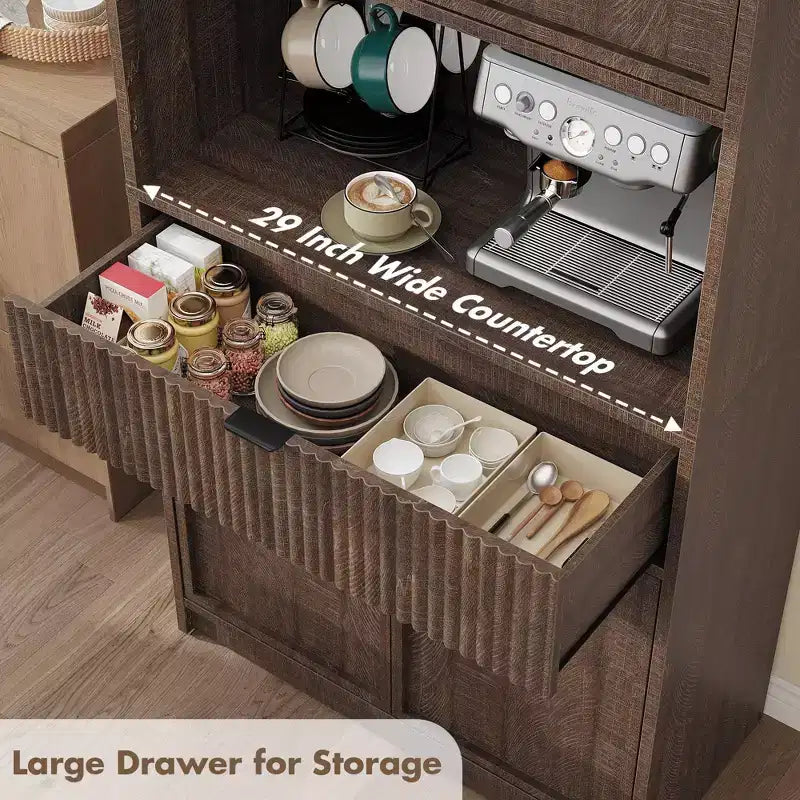 Grand meuble de cuisine, Armoire de rangement de 178 cm avec plan de travail, Buffets de cuisine cannelés avec portes et tiroir, Meuble de rangement autoportant