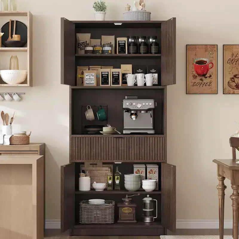 Grand meuble de cuisine, Armoire de rangement de 178 cm avec plan de travail, Buffets de cuisine cannelés avec portes et tiroir, Meuble de rangement autoportant