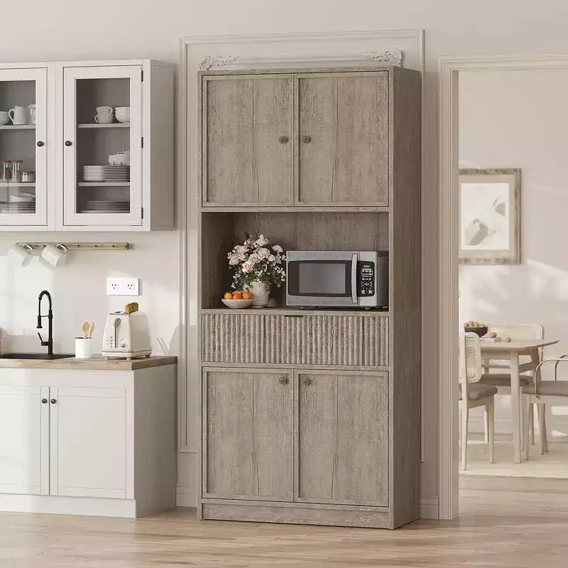 Grand meuble de cuisine, Armoire de rangement de 178 cm avec plan de travail, Buffets de cuisine cannelés avec portes et tiroir, Meuble de rangement autoportant