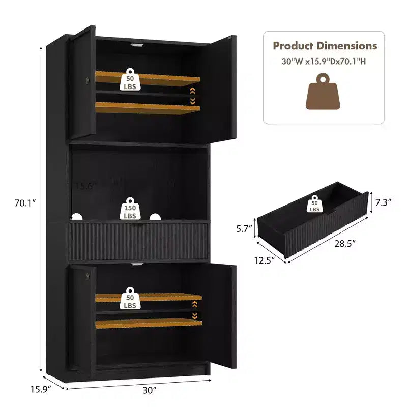 Grand meuble de cuisine, Armoire de rangement de 178 cm avec plan de travail, Buffets de cuisine cannelés avec portes et tiroir, Meuble de rangement autoportant