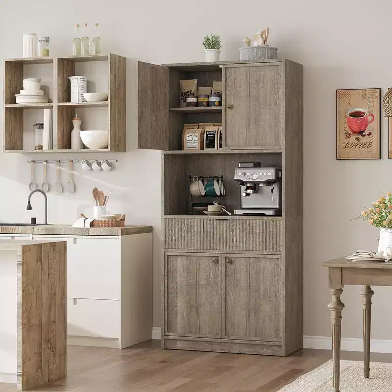 Grand meuble de cuisine, Armoire de rangement de 178 cm avec plan de travail, Buffets de cuisine cannelés avec portes et tiroir, Meuble de rangement autoportant