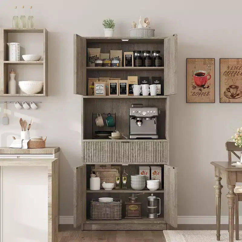 Grand meuble de cuisine, Armoire de rangement de 178 cm avec plan de travail, Buffets de cuisine cannelés avec portes et tiroir, Meuble de rangement autoportant