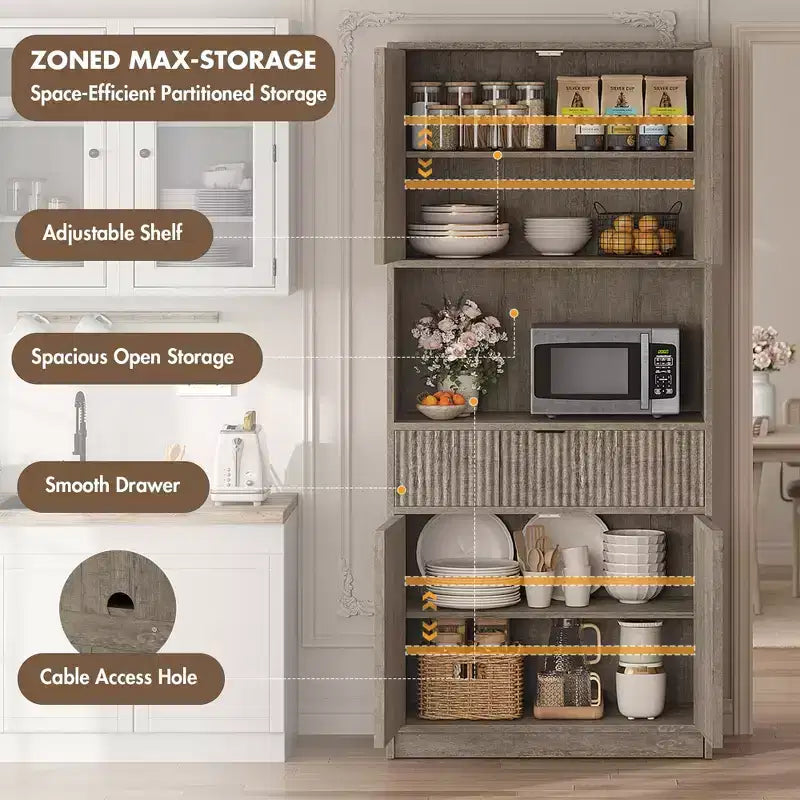 Grand meuble de cuisine, Armoire de rangement de 178 cm avec plan de travail, Buffets de cuisine cannelés avec portes et tiroir, Meuble de rangement autoportant