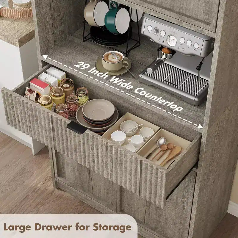 Grand meuble de cuisine, Armoire de rangement de 178 cm avec plan de travail, Buffets de cuisine cannelés avec portes et tiroir, Meuble de rangement autoportant
