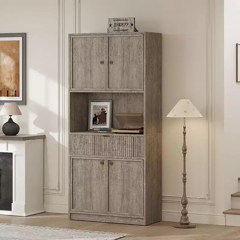Grand meuble de cuisine, Armoire de rangement de 178 cm avec plan de travail, Buffets de cuisine cannelés avec portes et tiroir, Meuble de rangement autoportant