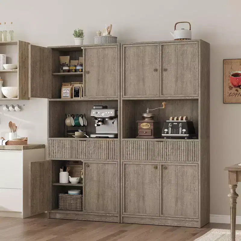 Grand meuble de cuisine, Armoire de rangement de 178 cm avec plan de travail, Buffets de cuisine cannelés avec portes et tiroir, Meuble de rangement autoportant