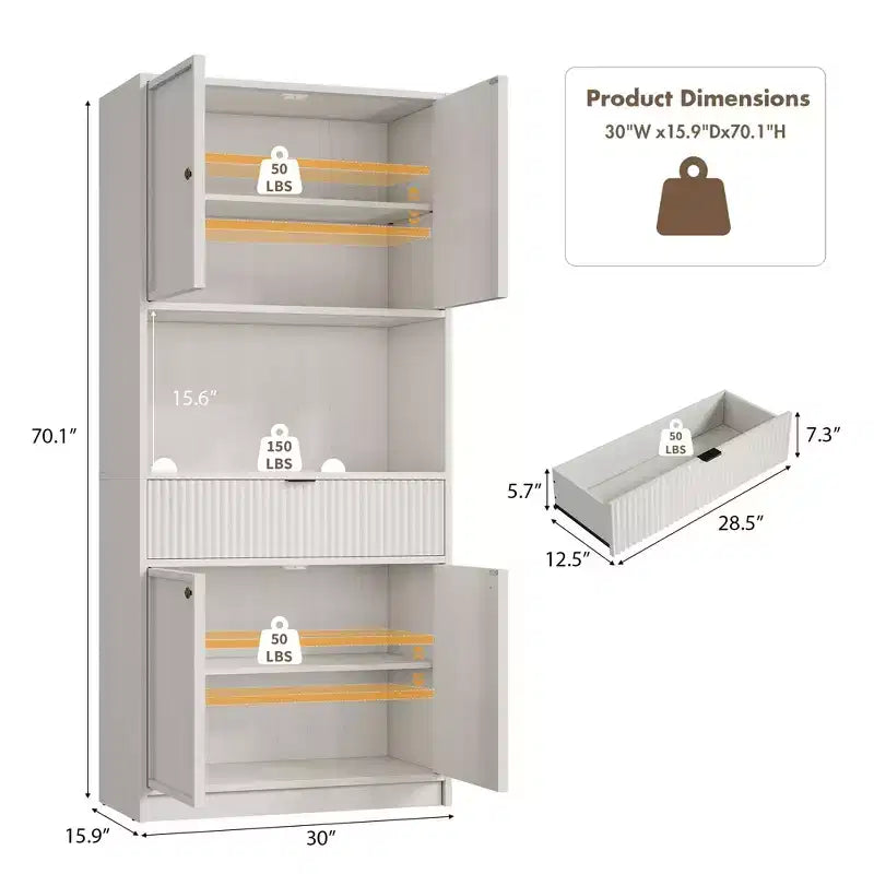 Grand meuble de cuisine, Armoire de rangement de 178 cm avec plan de travail, Buffets de cuisine cannelés avec portes et tiroir, Meuble de rangement autoportant