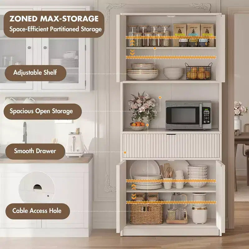 Grand meuble de cuisine, Armoire de rangement de 178 cm avec plan de travail, Buffets de cuisine cannelés avec portes et tiroir, Meuble de rangement autoportant