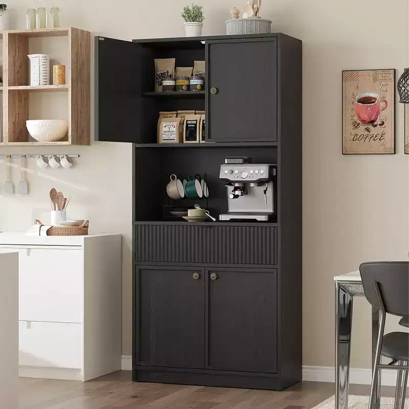 Grand meuble de cuisine, Armoire de rangement de 178 cm avec plan de travail, Buffets de cuisine cannelés avec portes et tiroir, Meuble de rangement autoportant