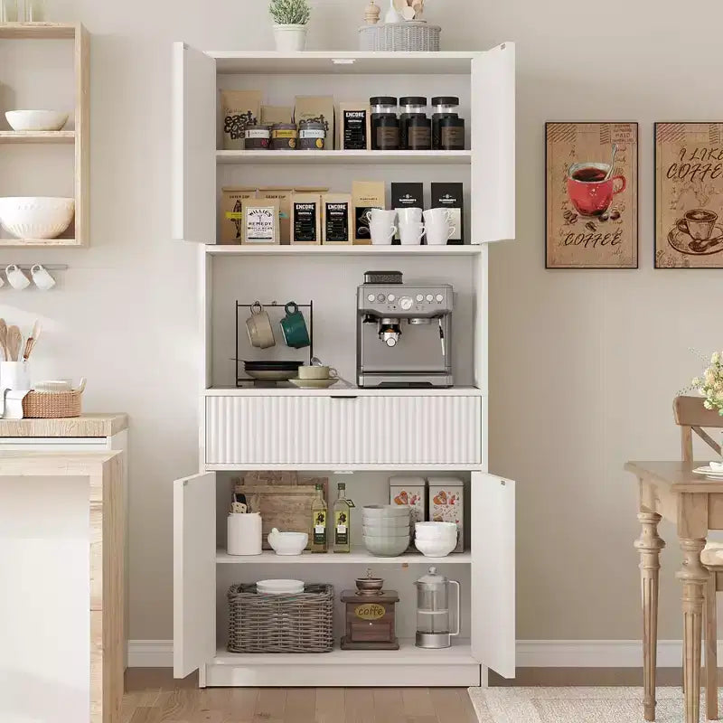 Grand meuble de cuisine, Armoire de rangement de 178 cm avec plan de travail, Buffets de cuisine cannelés avec portes et tiroir, Meuble de rangement autoportant
