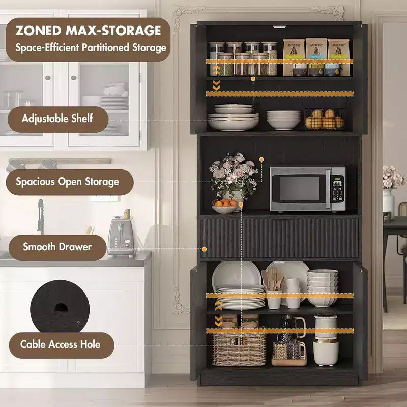 Grand meuble de cuisine, Armoire de rangement de 178 cm avec plan de travail, Buffets de cuisine cannelés avec portes et tiroir, Meuble de rangement autoportant