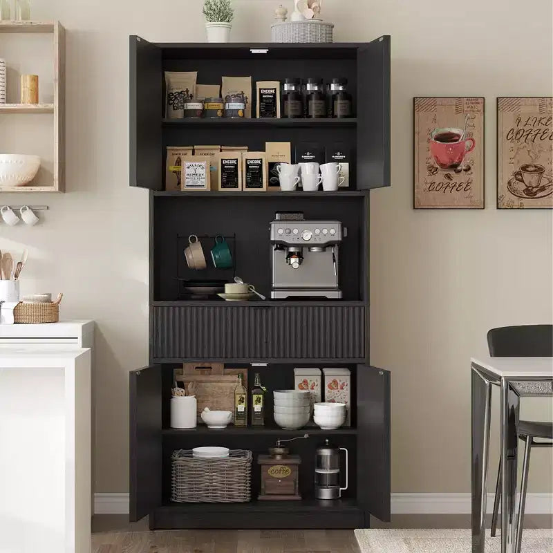 Grand meuble de cuisine, Armoire de rangement de 178 cm avec plan de travail, Buffets de cuisine cannelés avec portes et tiroir, Meuble de rangement autoportant