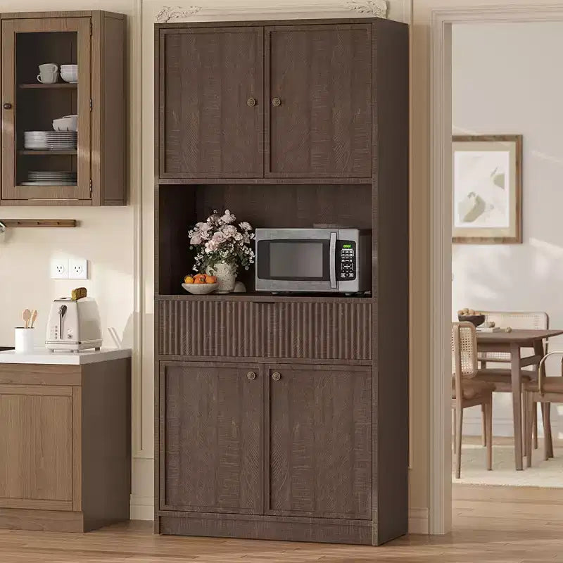 Grand meuble de cuisine, Armoire de rangement de 178 cm avec plan de travail, Buffets de cuisine cannelés avec portes et tiroir, Meuble de rangement autoportant