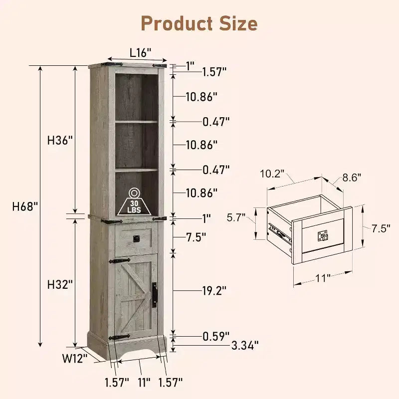 Meuble de rangement de salle de bain Dcolora, meuble de rangement de style rustique avec étagères réglables et tiroir