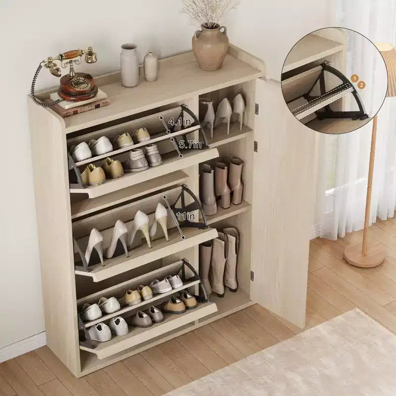 Meuble à chaussures GustoWave avec 3 tiroirs basculants, Organisateur de chaussures dissimulé avec étagères réglables, Meuble à chaussures autonome en bois