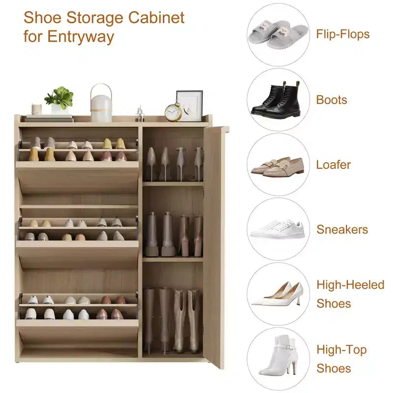 Meuble à chaussures GustoWave avec 3 tiroirs basculants, Organisateur de chaussures dissimulé avec étagères réglables, Meuble à chaussures autonome en bois